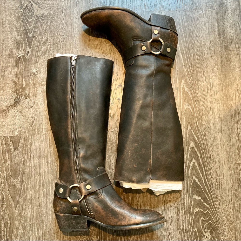 Frye Carson Harness Tall Boots Distressed Black Leather Extended Calf Sz 10